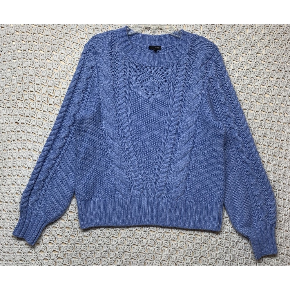Talbots Balloon Sleeve Cable Knit Sweater Women Sz L Blue Wool Blend Crew Neck - Picture 2 of 11